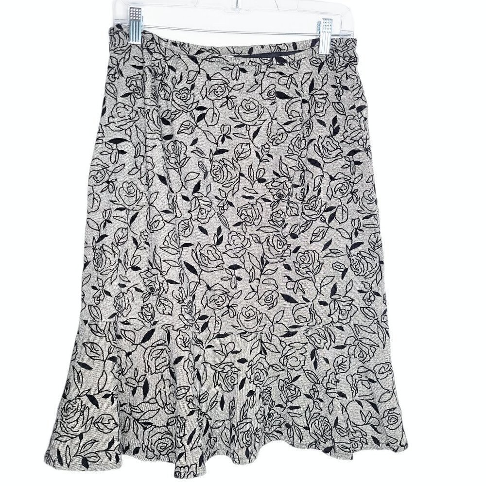 LOFT Wool Black Floral Embossed Flounce Skirt